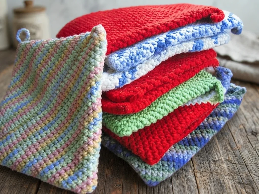 Stack of folded crocheted square potholders in red, blue and white, green and pastel variegated yarn, one with a small hanging loop, arranged on a wooden surface with a ceramic jar and a light cloth in the background.