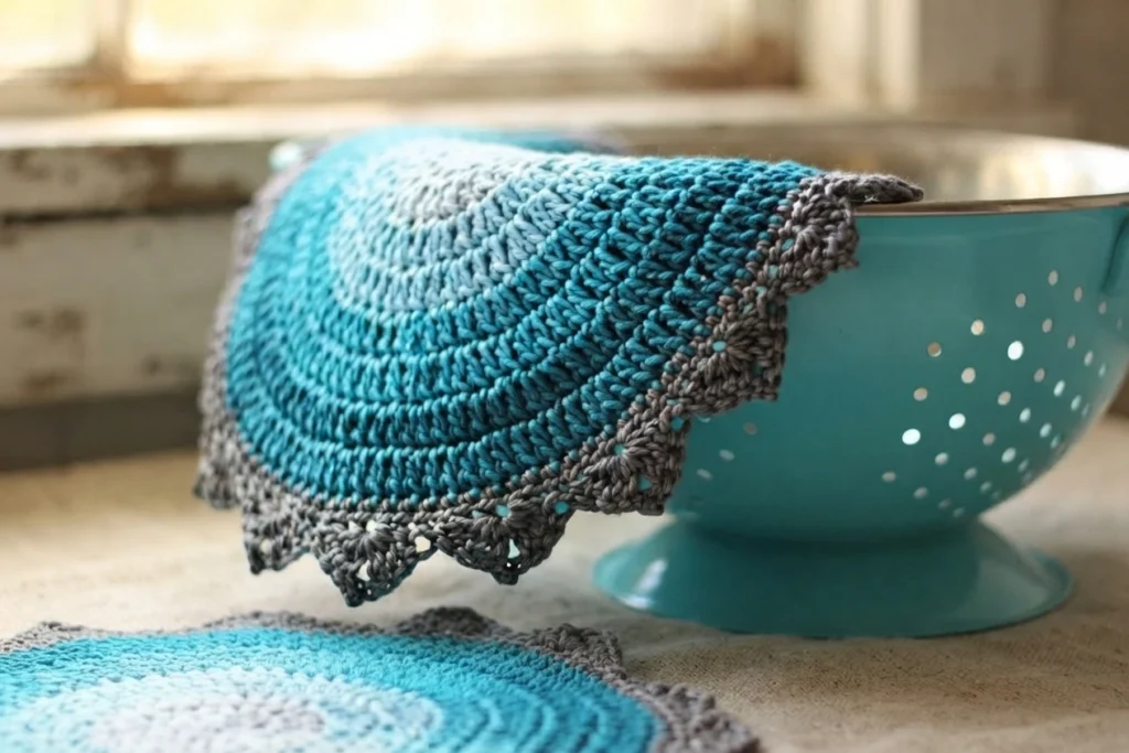 A teal crochet potholder with a grey scalloped border draped over a turquoise colander on a table, with a second matching potholder visible in the foreground.
