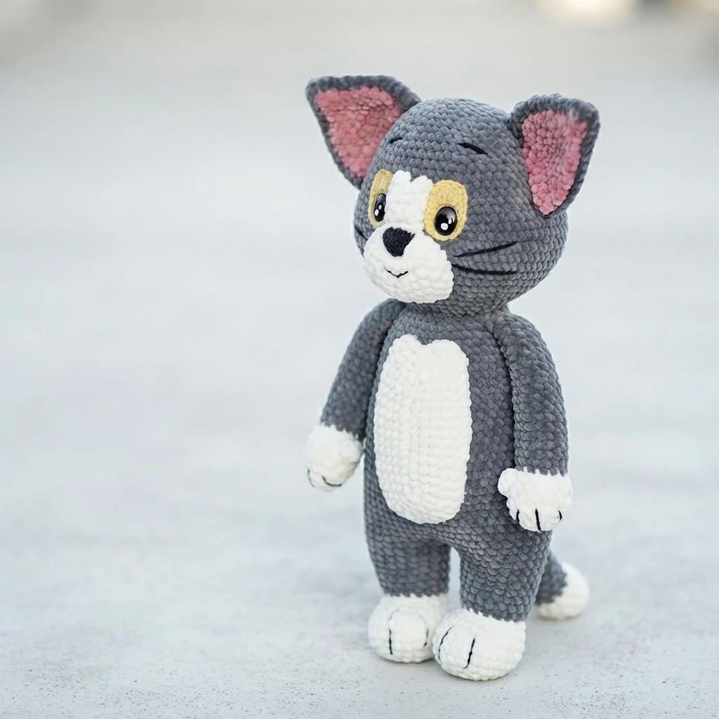 Gray crocheted cat plush with pink inner ears, yellow eye patches, white muzzle, belly, paws and feet on a light gray background