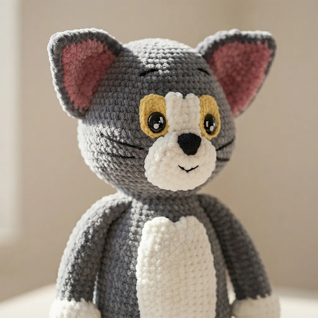 Close up of a gray crochet cat toy with pink inner ears, yellow eye patches, white muzzle and white belly patch