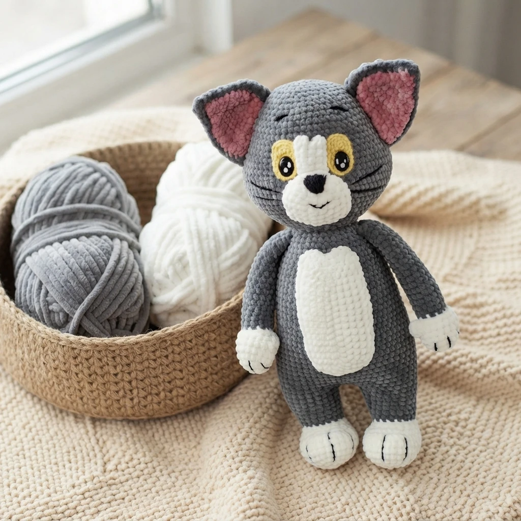 Gray crochet cat toy with pink inner ears, yellow eye patches and a white belly standing beside a basket of gray and white yarn