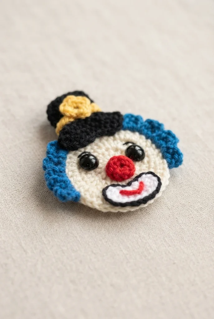 Single crochet clown face resting on light beige fabric, with a black top hat topped by a yellow flower, blue crocheted hair, two black bead eyes, a red round nose and a white mouth piece outlined in black with a red smile.