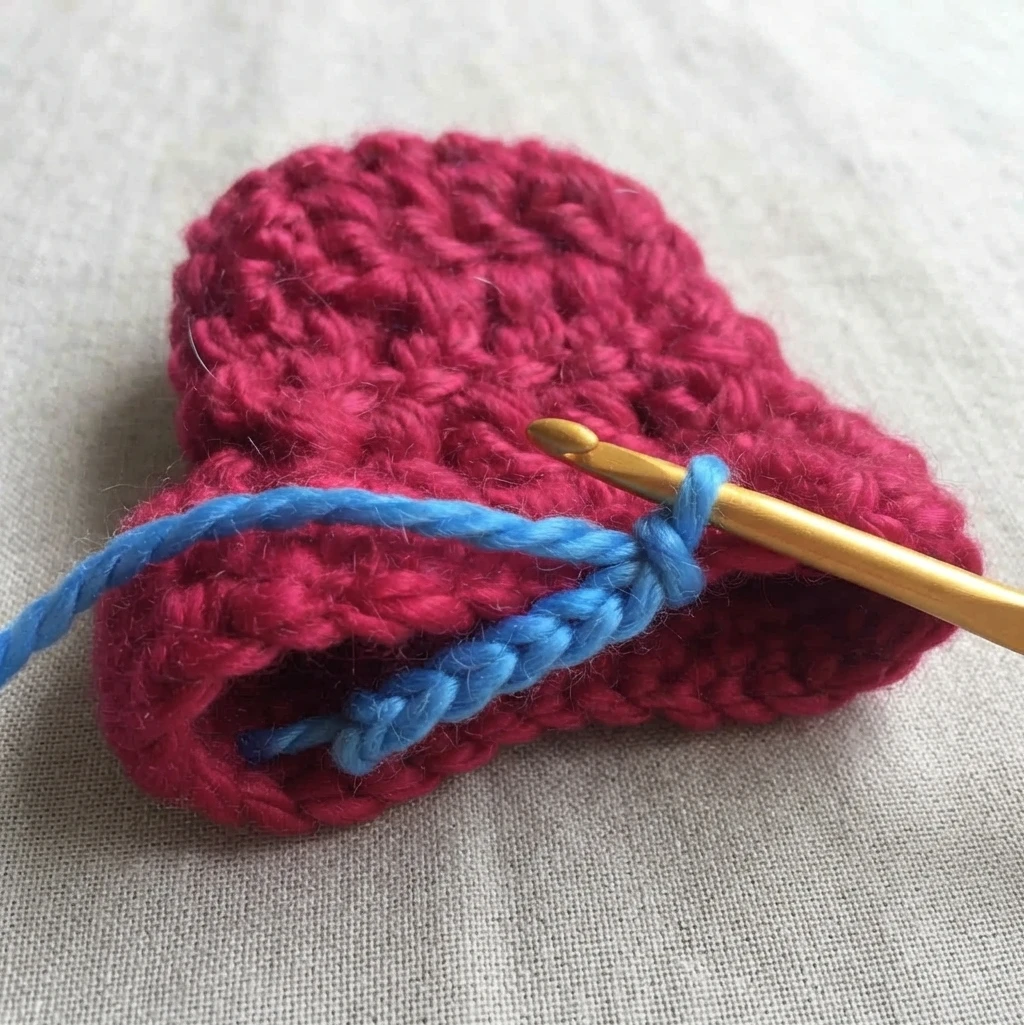 Red crocheted hat piece with a blue yarn chain being worked along its lower edge using a gold crochet hook, resting on a grey fabric surface