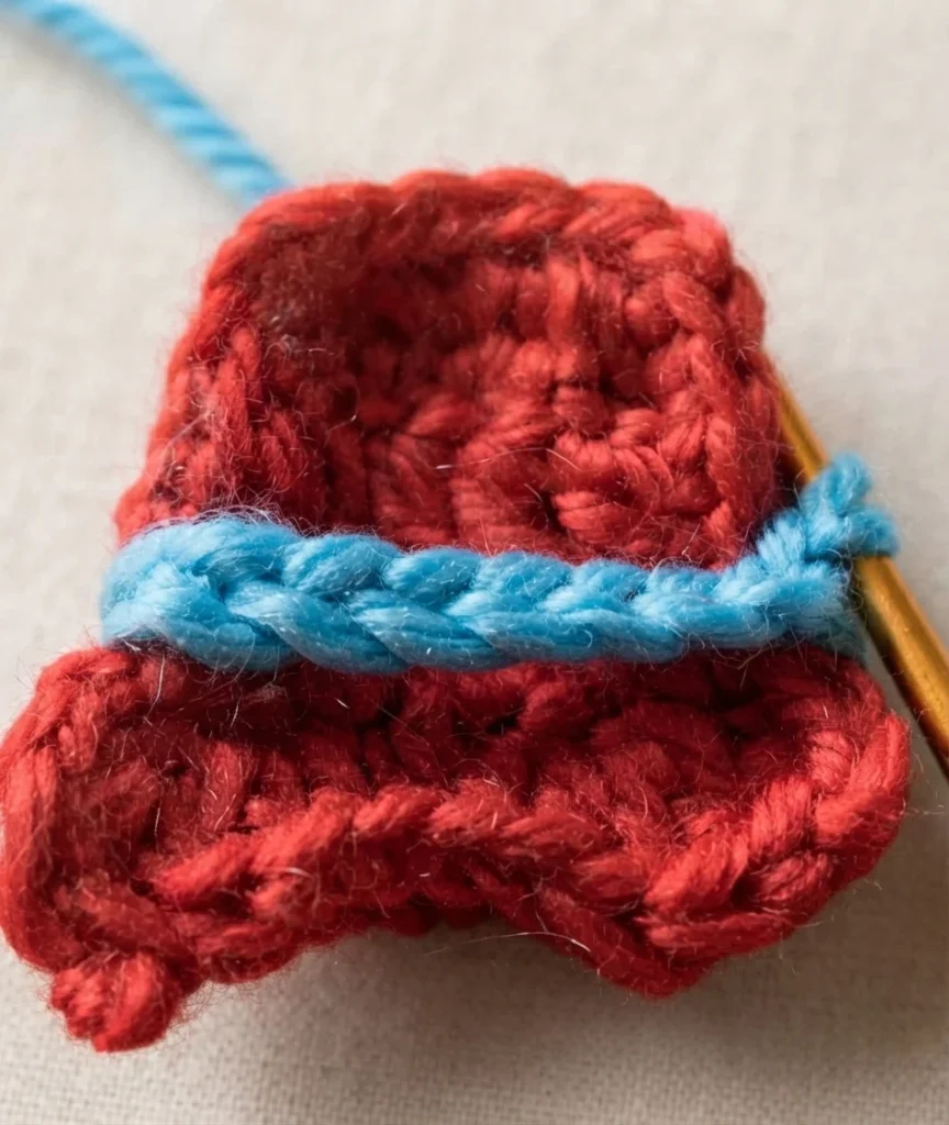 Close-up of a small red crocheted top hat with a blue chain stitch trim being joined along its brim, a crochet hook and a blue yarn tail visible.