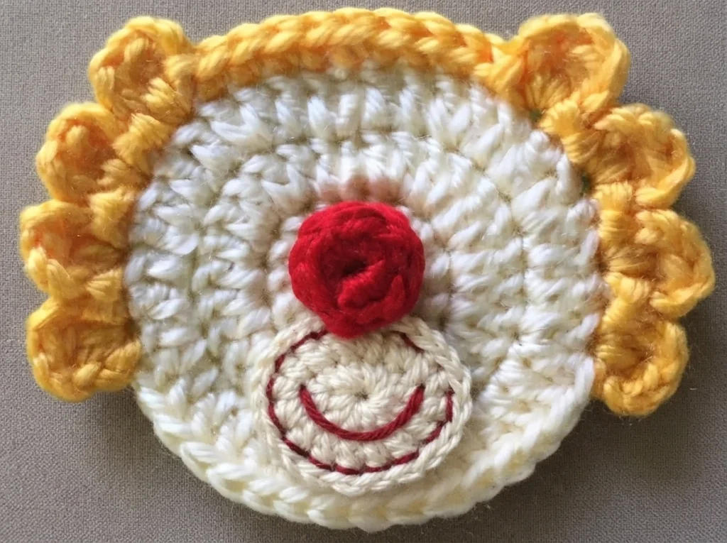 Crochet clown head with a white face, a red spiral nose, yellow scalloped hair around the sides and a round mouth piece outlined in red thread attached below the nose, resting on a grey fabric background.
