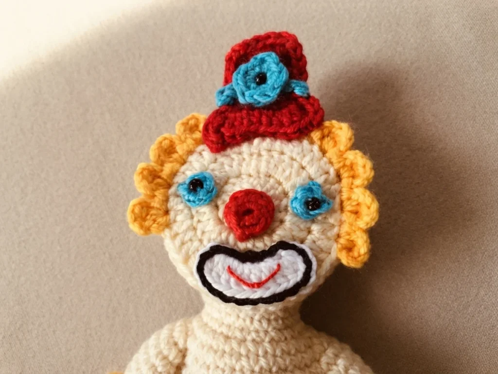 Crochet clown with a red top hat decorated with a blue flower, curly yellow hair, blue eyes with black beads, a red nose and a white mouth piece outlined in black with a red embroidered smile, shown with a cream crocheted body against a pla
