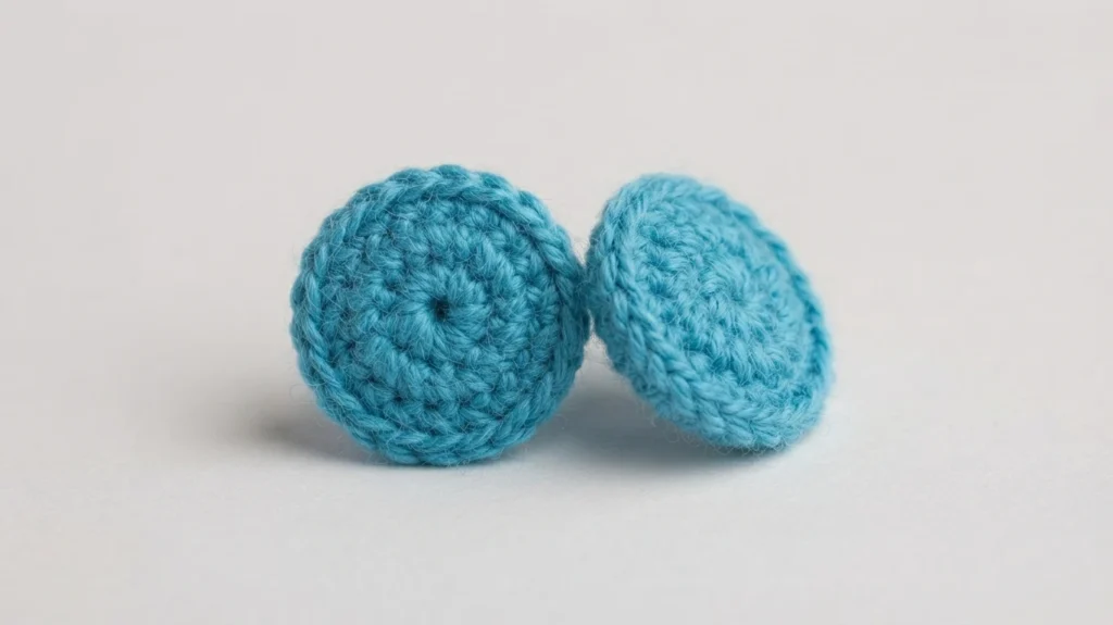 Two small teal crocheted circles for the clown's eyes, placed side by side on a light gray surface.