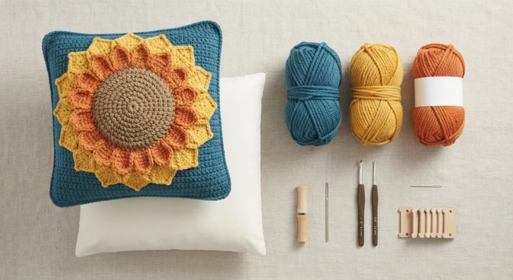 Flat lay of the materials for the sunflower pillow: three skeins of yarn in teal, golden yellow and burnt orange, a white pillow insert, two crochet hooks, a tapestry needle, yarn bobbins and small wooden notions beside the finished crochet