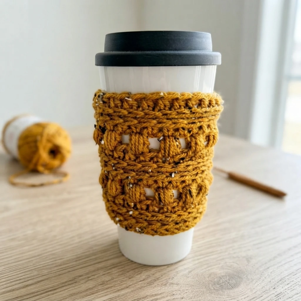A mustard-colored crocheted cup sleeve with openwork bands wraps a white takeaway cup with a black lid; a yarn ball and crochet hook sit nearby.
