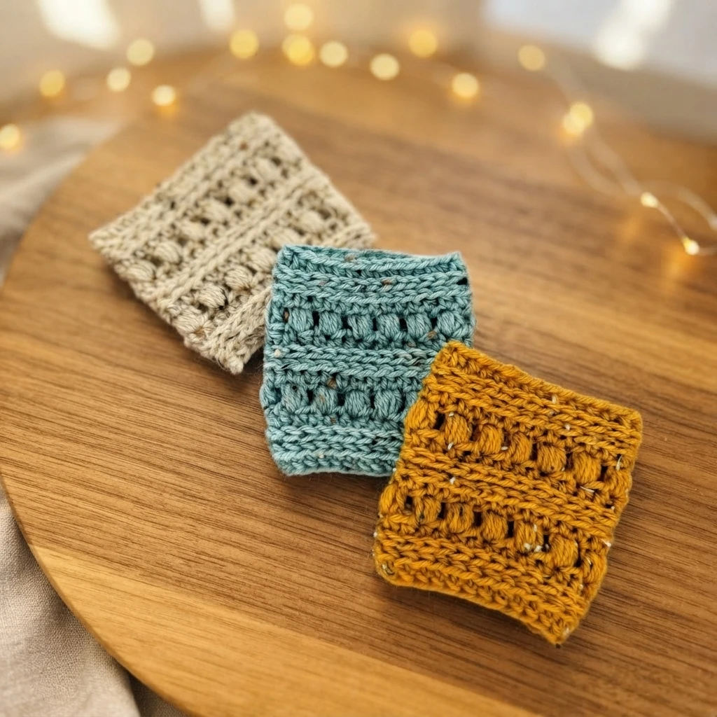 Three crocheted cup cozies in cream, blue-green, and ochre arranged on a round wooden board.