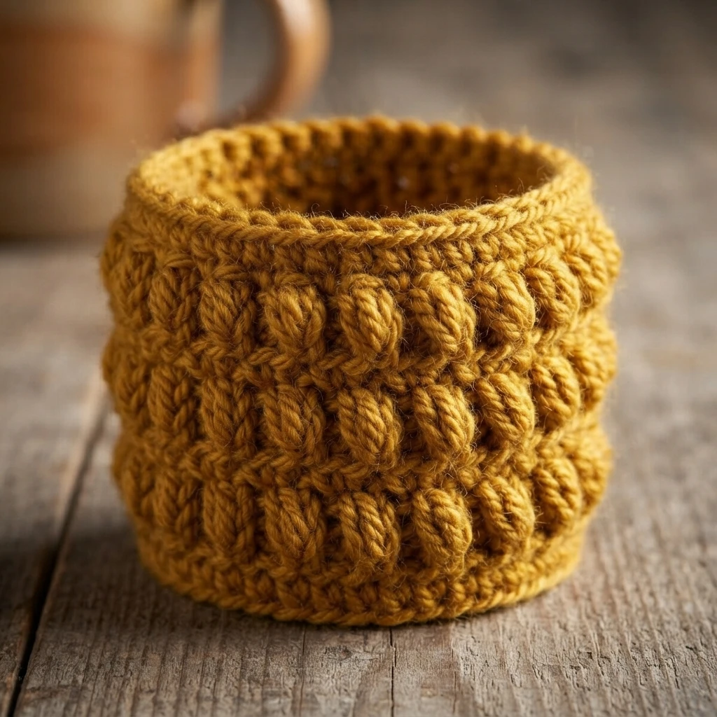 Manchon crocheté moutarde, ouvert en haut et en bas, posé sur une table en bois.
