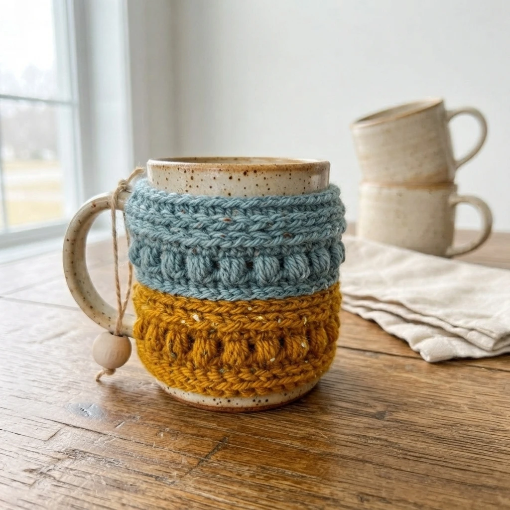 Mug en céramique à anse portant une housse crochetée bicolore bleue et jaune, avec un cordon et une perle en bois.