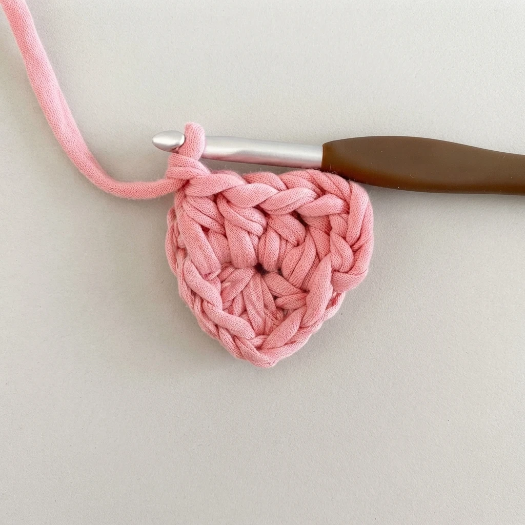 Pink crochet heart in progress on a crochet hook with working yarn