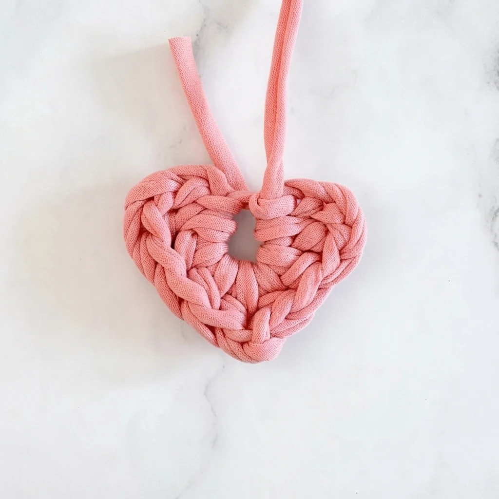 Unfinished pink crochet heart with two loose yarn tails at the top, lying on a white marble surface.
