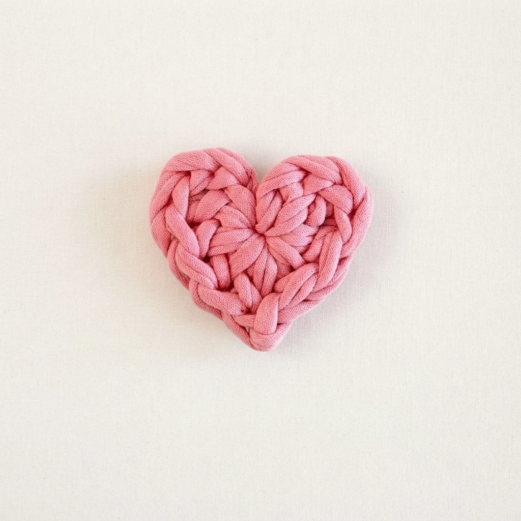 Pink crocheted heart made of chunky yarn on a plain light background
