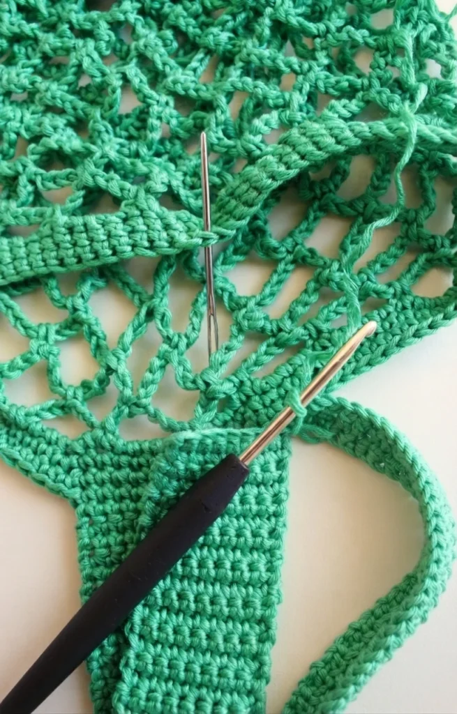Close-up of a green crochet mesh bag with a crochet hook and yarn needle attaching the strap.