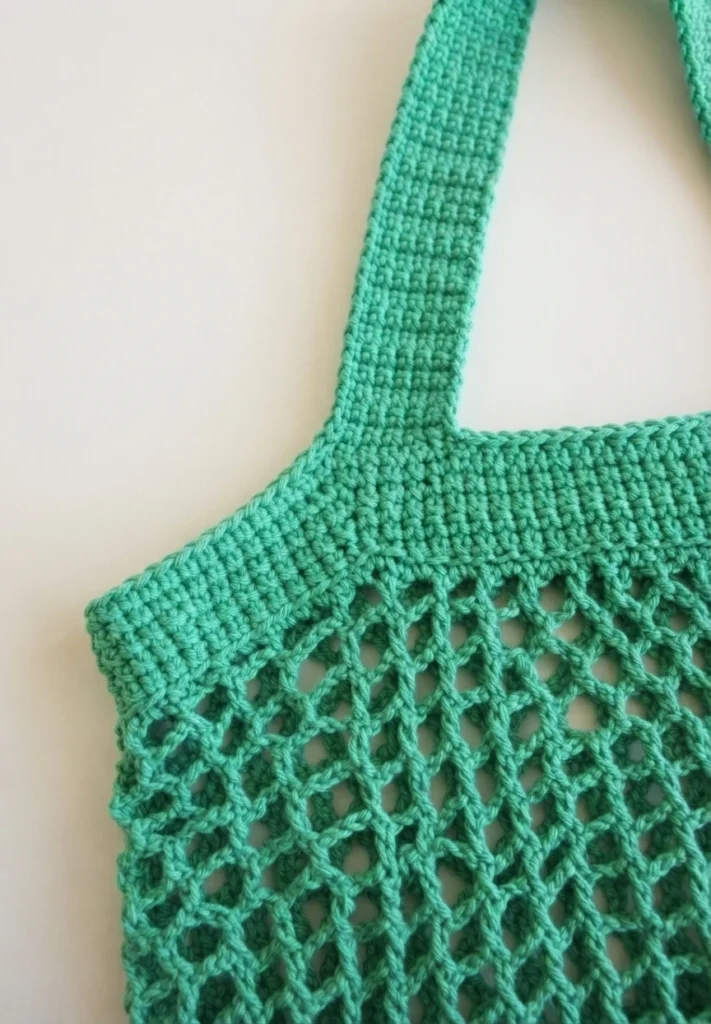 Close-up of top edge of green crochet mesh bag with solid attached strap on plain light background