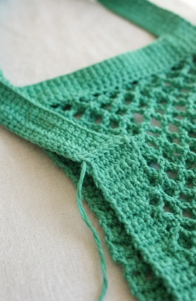 Close-up of the emerald green crochet mesh bag strap being attached to the bag top, with a loose yarn tail visible