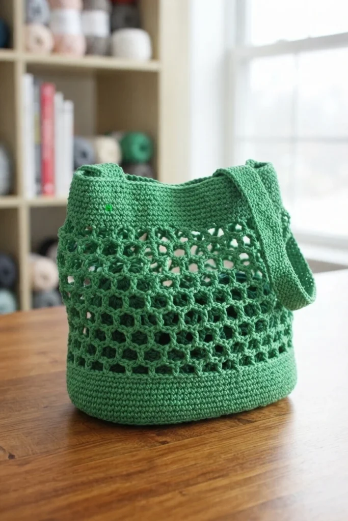 Green crochet mesh market bag standing upright on a wooden table in a bright craft room