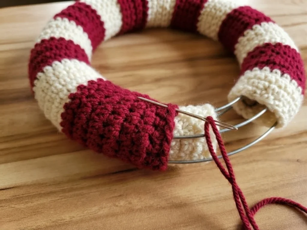 Burgundy and cream striped crochet tube wrapped around a round metal wire wreath form on a wood floor, with a tapestry needle threaded with burgundy yarn stitching the sections together