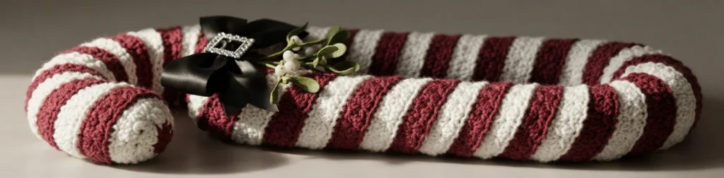 Crocheted candy cane shaped wreath with burgundy and white stripes, a black bow with a silver buckle and a sprig of mistletoe with white berries, lying flat on a light surface.