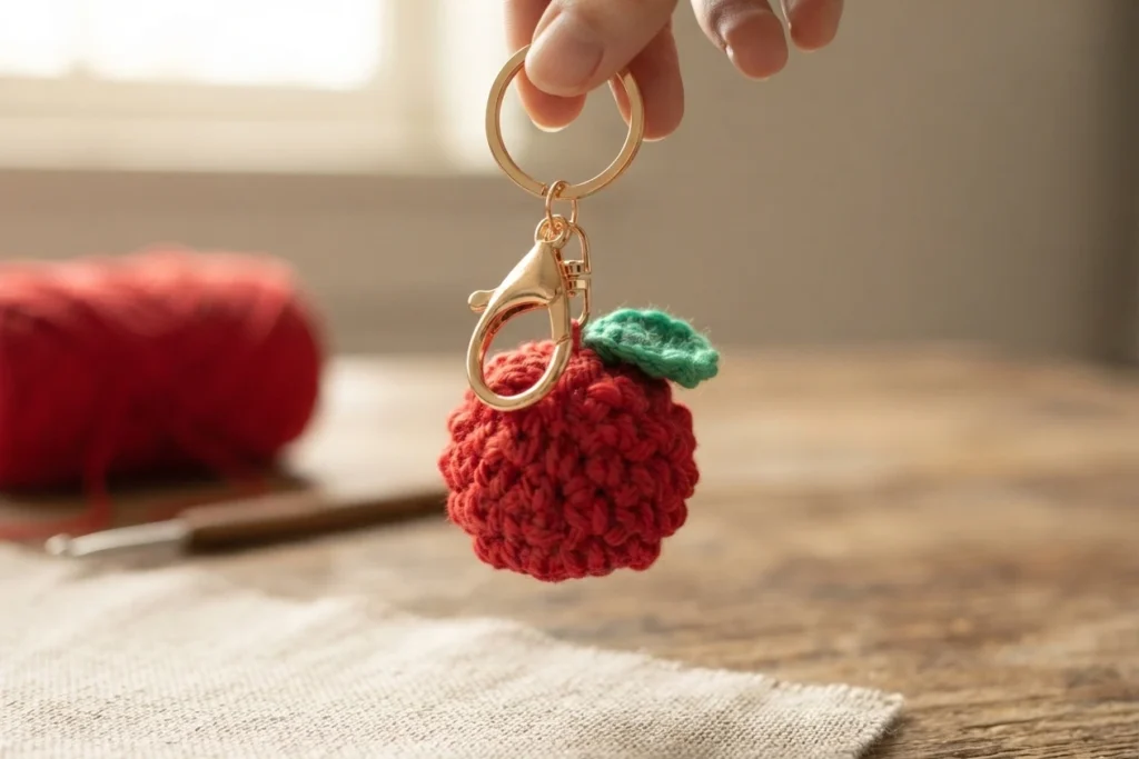A red crocheted apple keychain with a green leaf and gold clasp, held by its ring above a wooden surface.