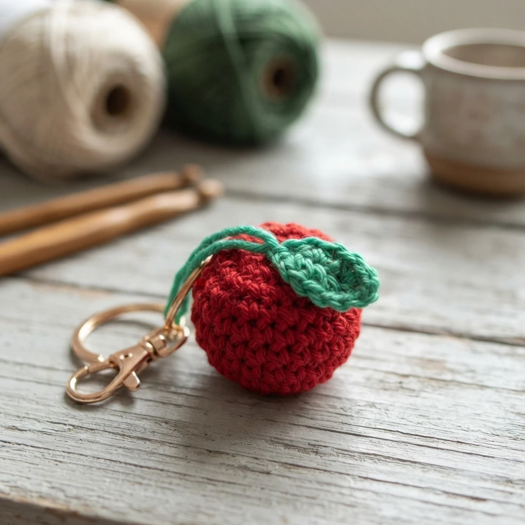 Porte-clés en forme de pomme au crochet rouge, avec une feuille verte et un fermoir métallique, posé sur une table en bois.