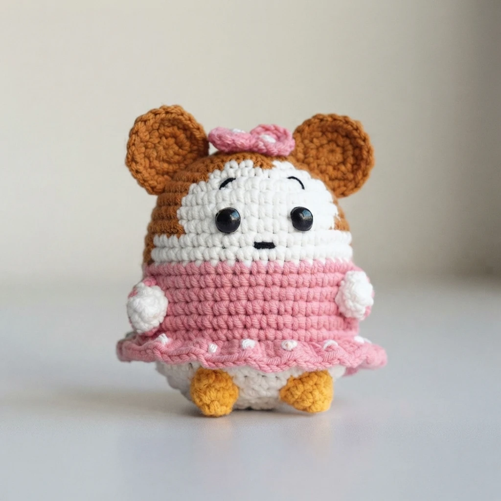 Chibi Minnie Mouse amigurumi with brown round ears, a pink bow, a pink dress with a ruffled hem, white hands and yellow feet
