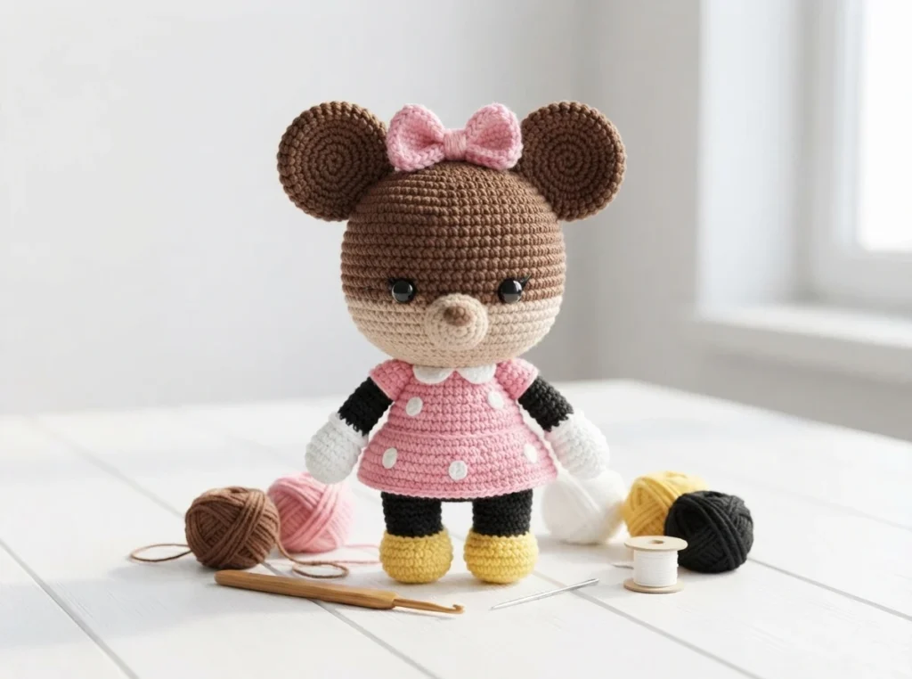 A crocheted mouse doll with large brown ears, a pink bow and a pink polka dot dress, standing on a white table beside yarn balls, a crochet hook, a needle and a spool of thread