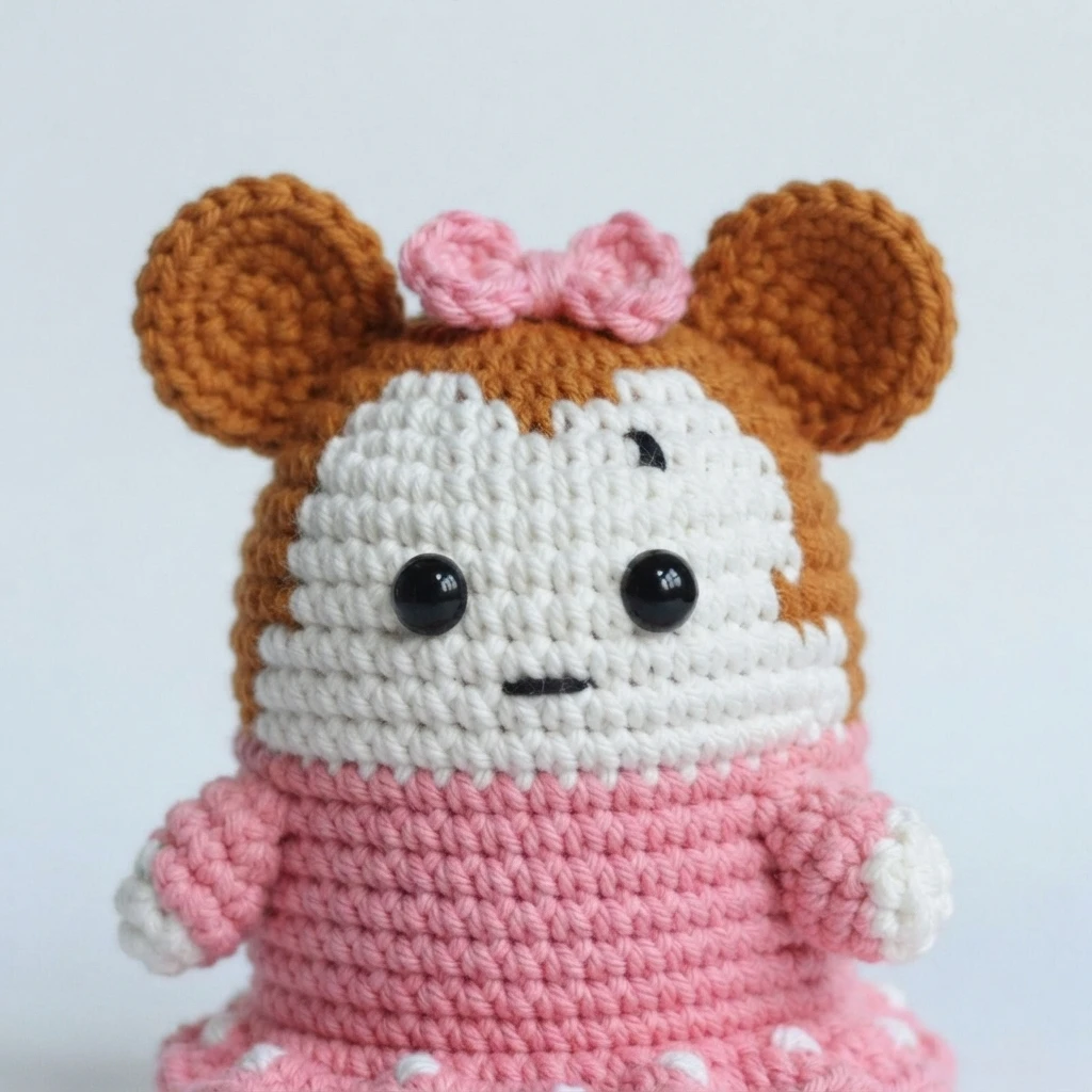 Close-up front view of a crocheted chibi mouse doll with brown ears, a pink bow, a white face and a pink dress
