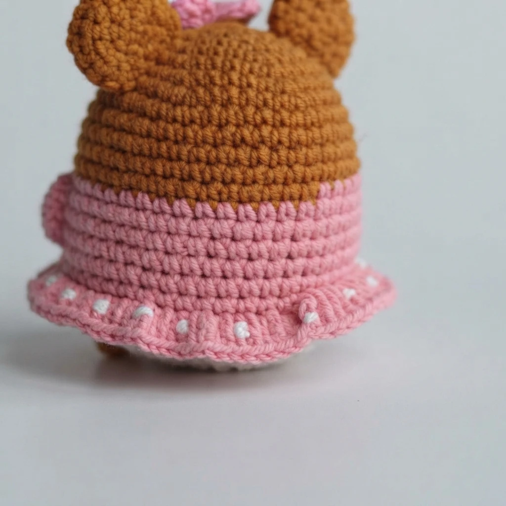Back view of a crocheted chibi Minnie Mouse with brown ears, a pink bow and a pink dress with white dots on its ruffled hem