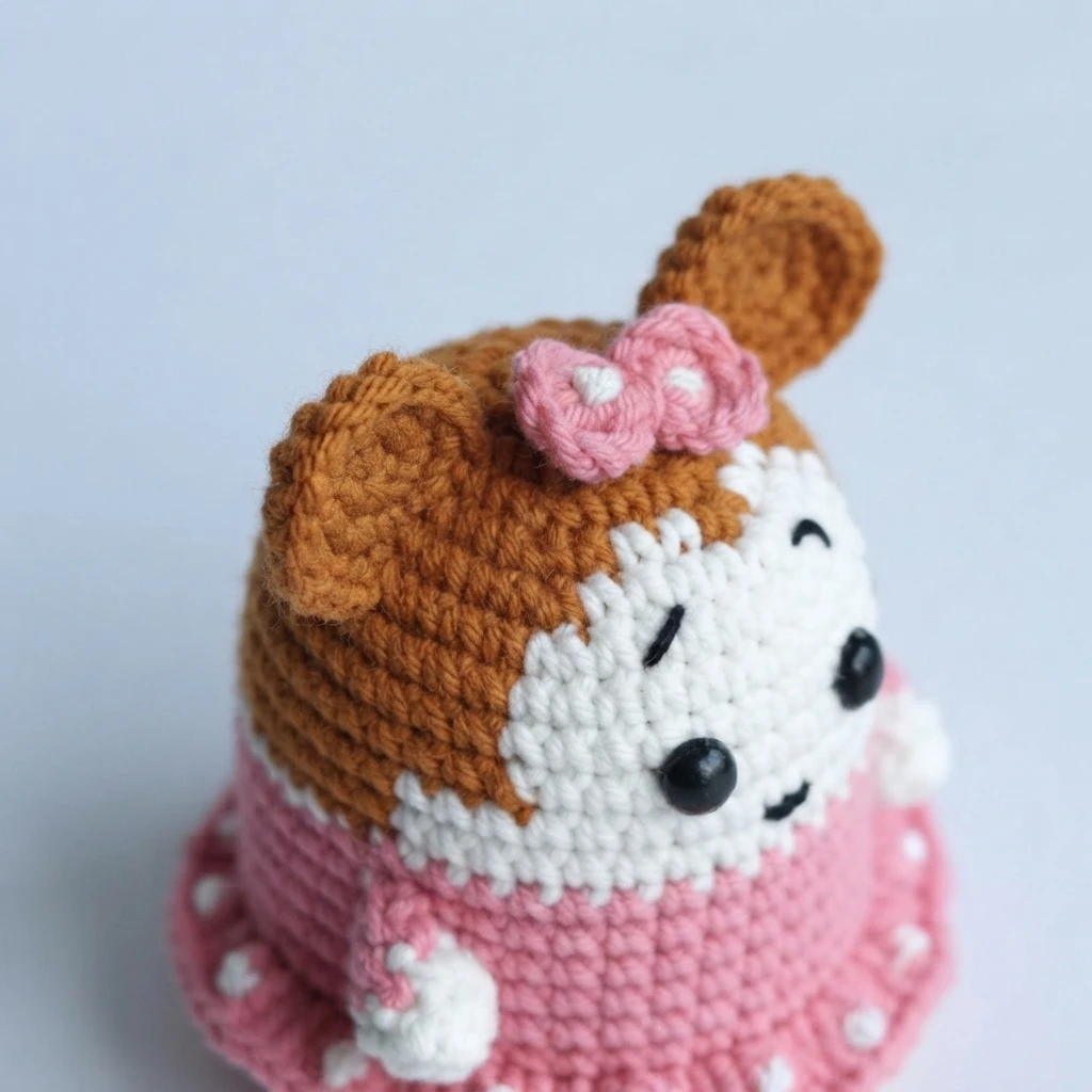 Close-up angled view of a crocheted chibi Minnie Mouse with brown ears, a pink bow and a pink dress