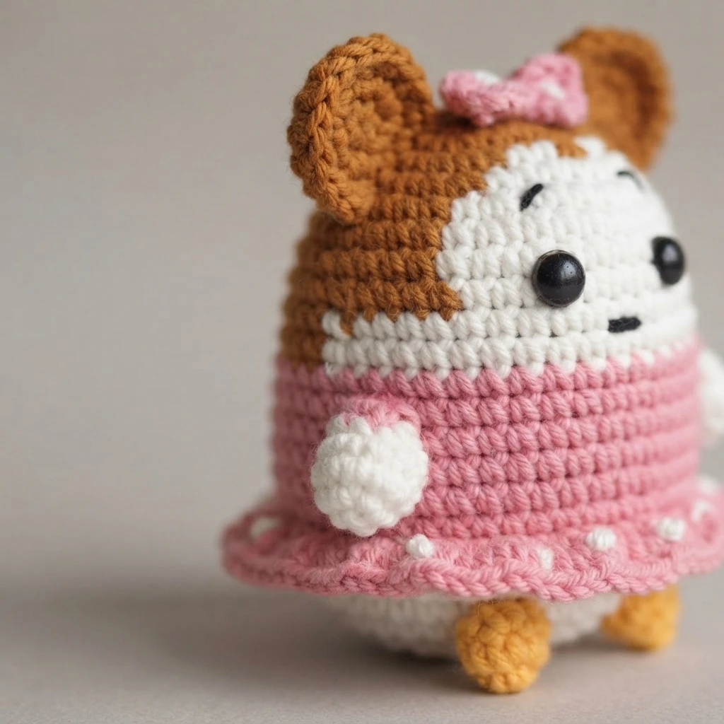 Chibi Minnie Mouse amigurumi with brown ears, pink bow, pink dress with white dots, white hands and yellow feet, seen from a three-quarter side angle