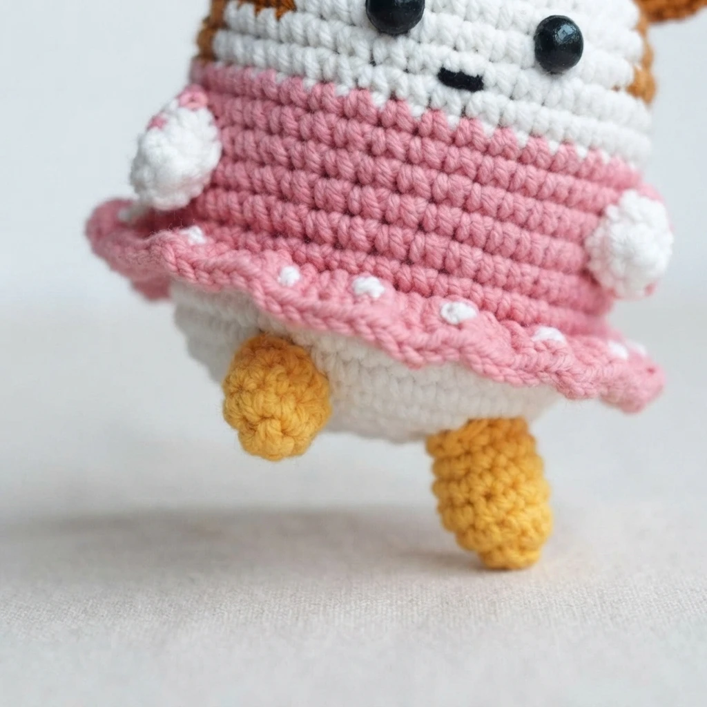 Close-up of a crocheted chibi Minnie Mouse in a pink dress with a white dotted hem, white arms and yellow legs