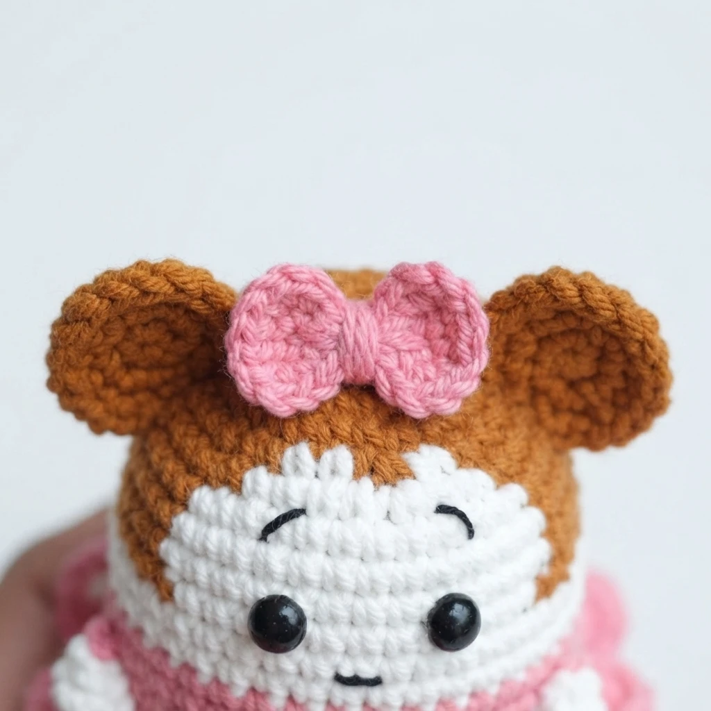 Close-up of a crocheted chibi Minnie Mouse head with brown ears, a large pink bow between them, a white face and a pink dress