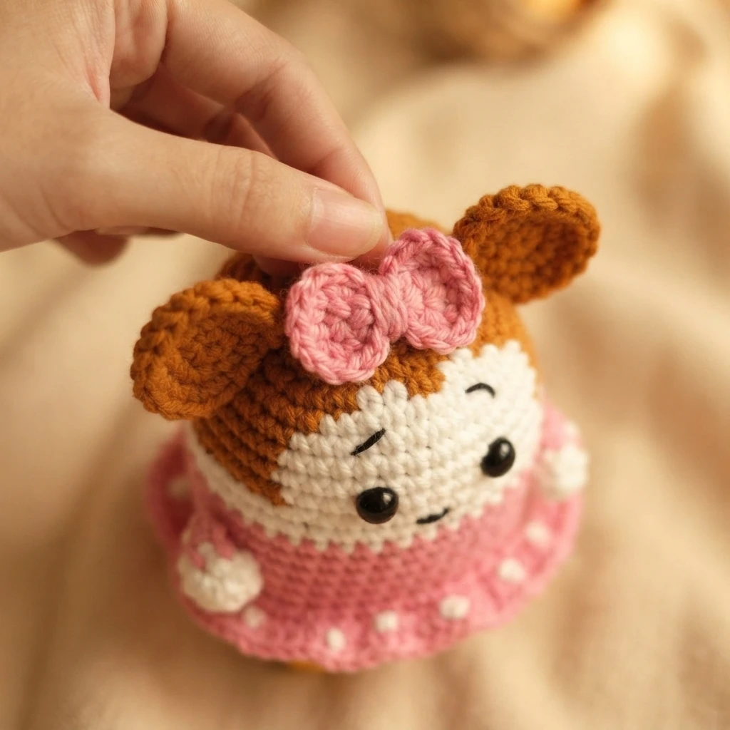 Close-up of a hand holding a chibi Minnie Mouse amigurumi with brown ears, a large pink bow and a pink dress with white dots