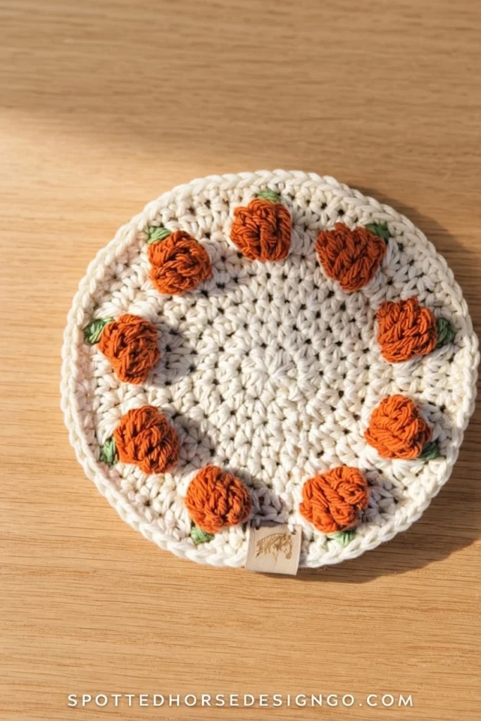 Round cream crochet coaster with eight textured orange pumpkins and small green leaves arranged in a circle around the edge, shown on a light wooden surface with a Pumpkin Coaster title overlay and a website watermark.