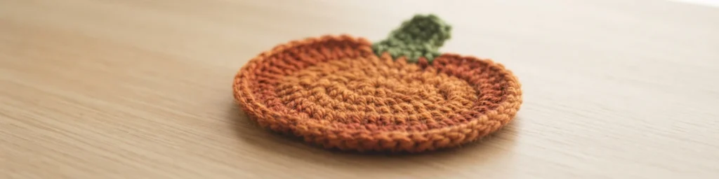 Crocheted coaster shaped like a pumpkin in rust orange with a small green stem, resting on a light wooden surface