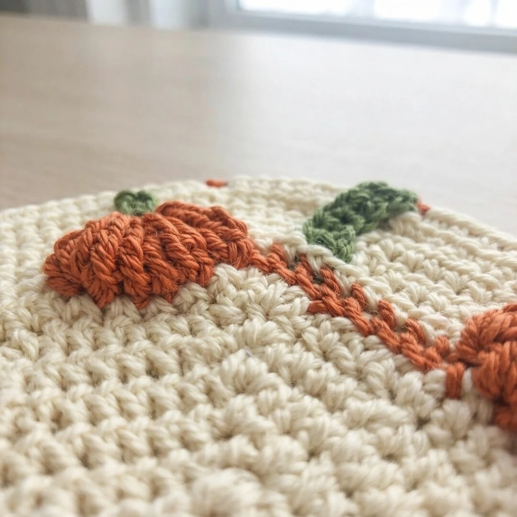 Gros plan d'un ouvrage au crochet en fil crème avec des bobbles orange et des mailles vertes formant des citrouilles et des tiges
