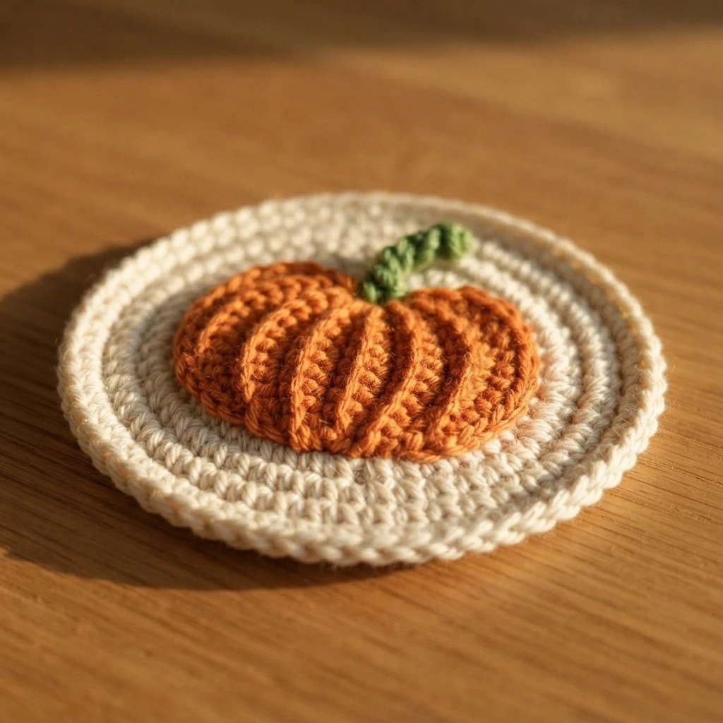 Crocheted cream round coaster with an orange pumpkin applique and green stem centered on a wooden table.