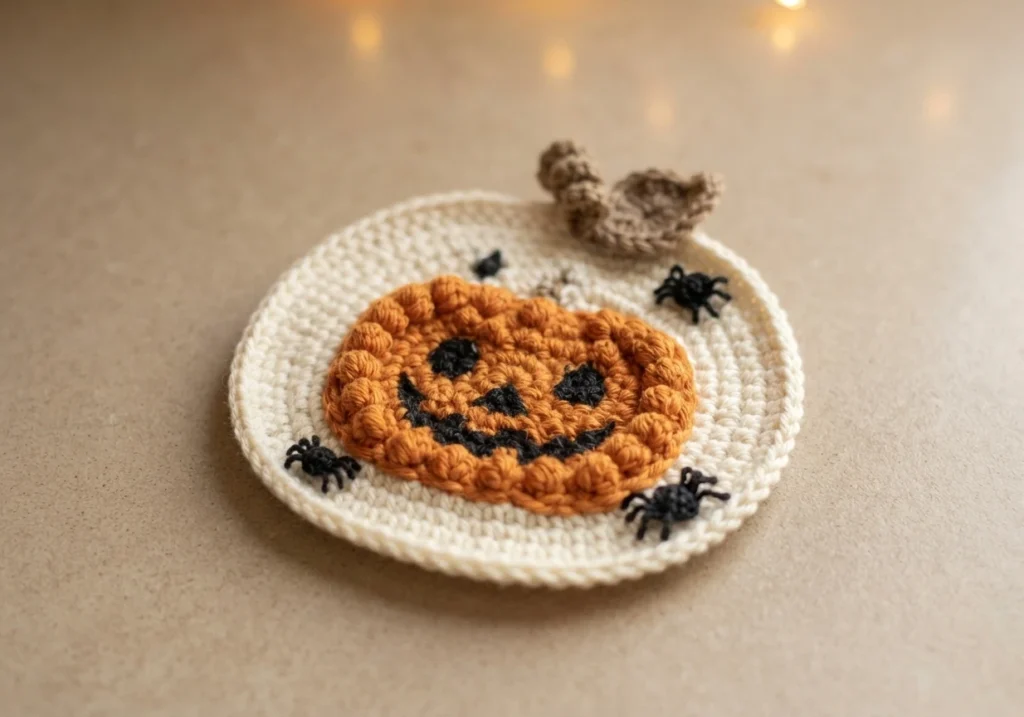 Crocheted cream round coaster with a large orange jack-o-lantern face in the center, small black crocheted spiders around it and a brown stem piece at the top