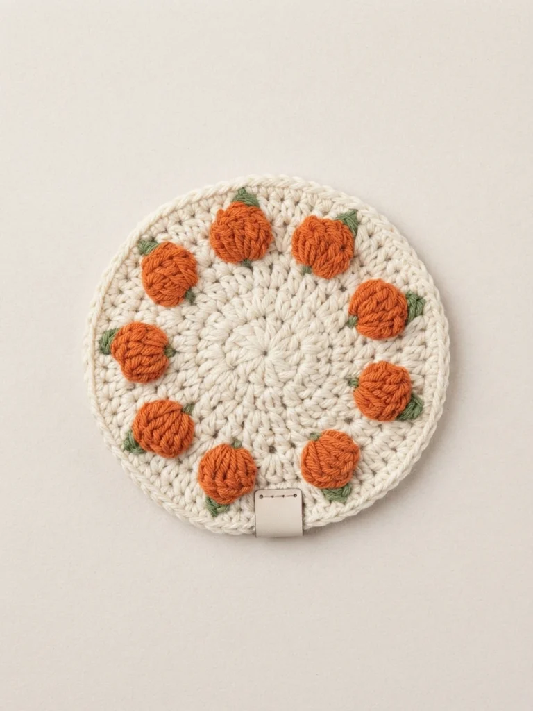 Crocheted round coaster in cream yarn with raised orange pumpkin motifs and small green leaves arranged around the edge, shown flat on a plain light background.