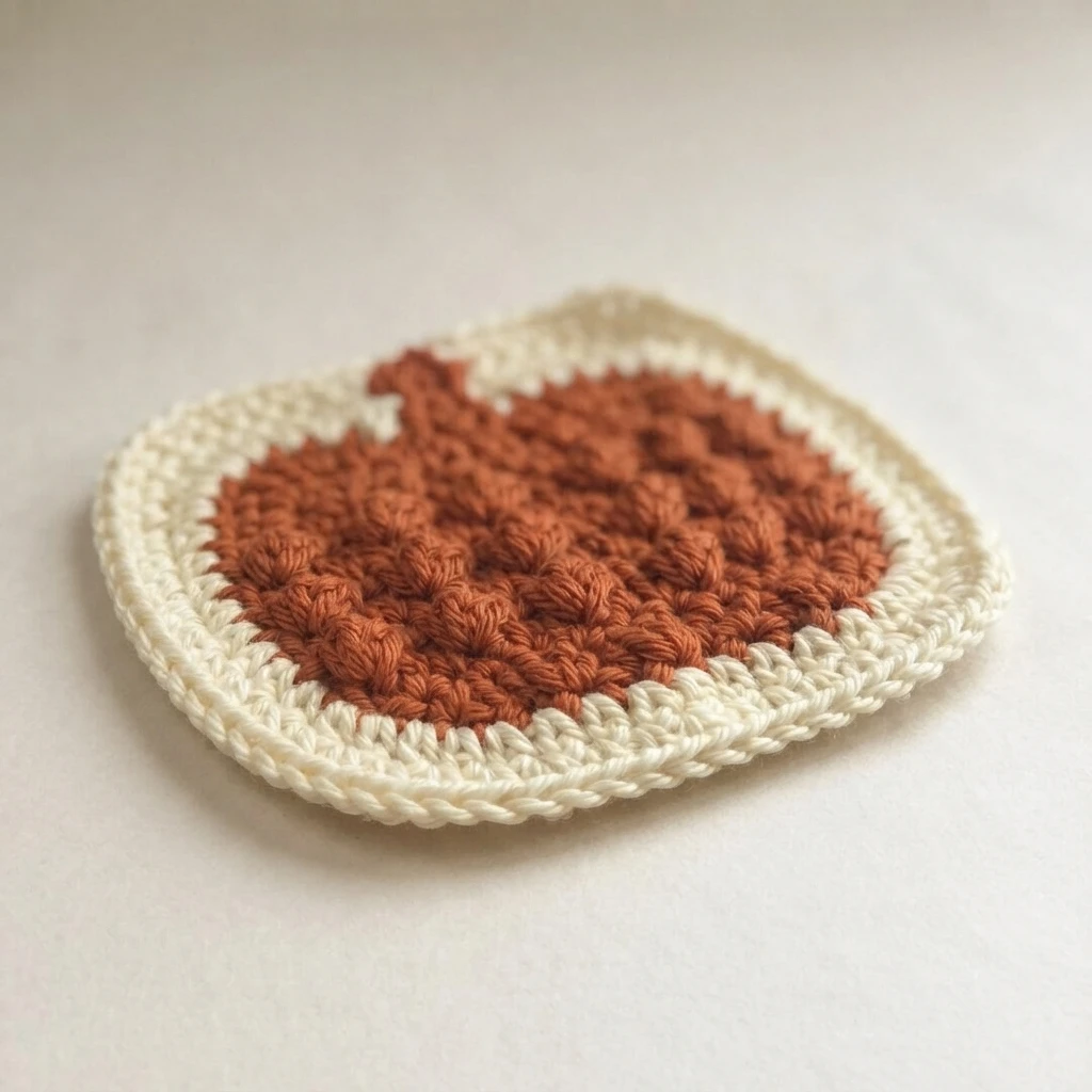 Crochet coaster with a raised rust-orange pumpkin motif in bobble stitches surrounded by a cream border, resting flat on a light surface.