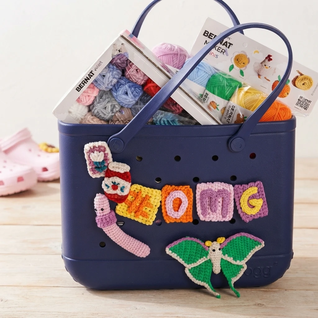 Un sac bleu marine décoré d’un ver rose et d’un papillon vert crochetés, avec des pelotes et des emballages de fil dans le sac.