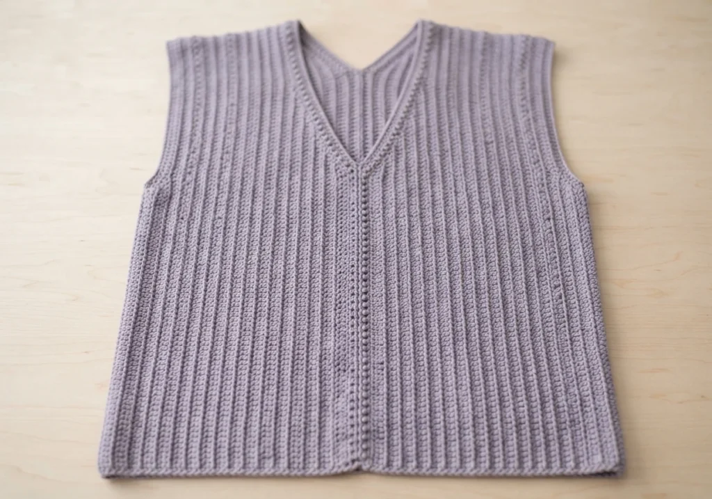 Flat lay of a finished ribbed V-neck crochet top in soft lavender on a light wooden surface.