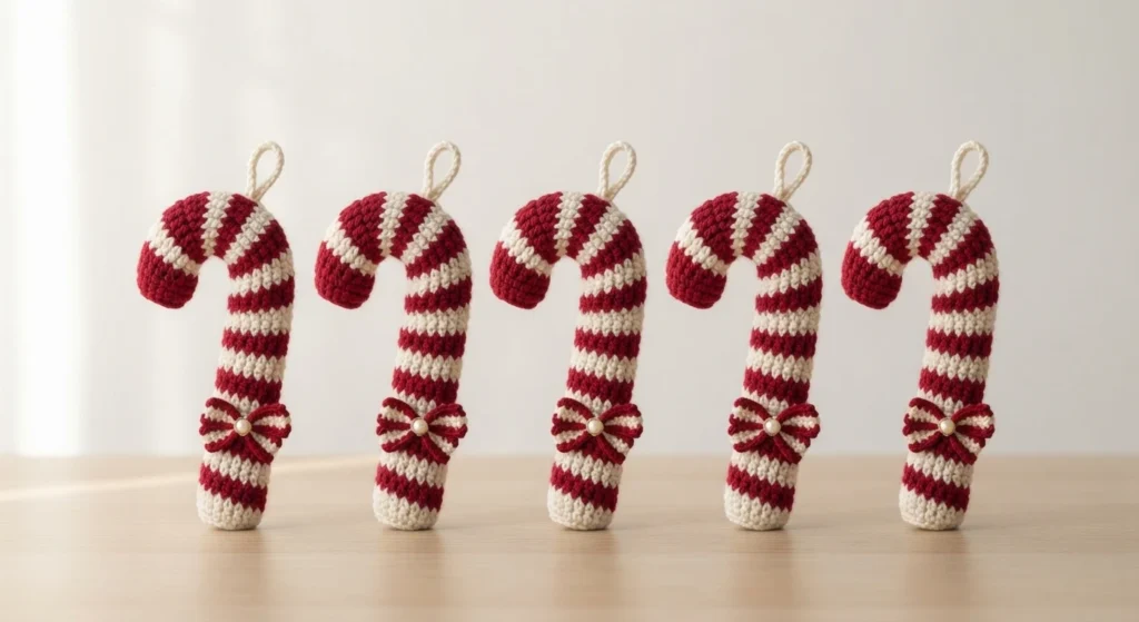 Five crocheted candy cane ornaments with red and cream stripes, each with a small red bow and pearl bead and a cream hanging loop, standing on a light wooden surface against a plain pale background.