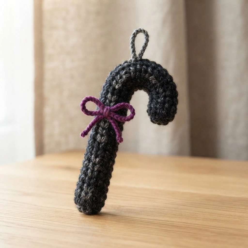 Canne de Noël crochetée en fil gris anthracite, ornée d'un nœud violet et d'une boucle de suspension, posée debout sur une table en bois devant un rideau beige.
