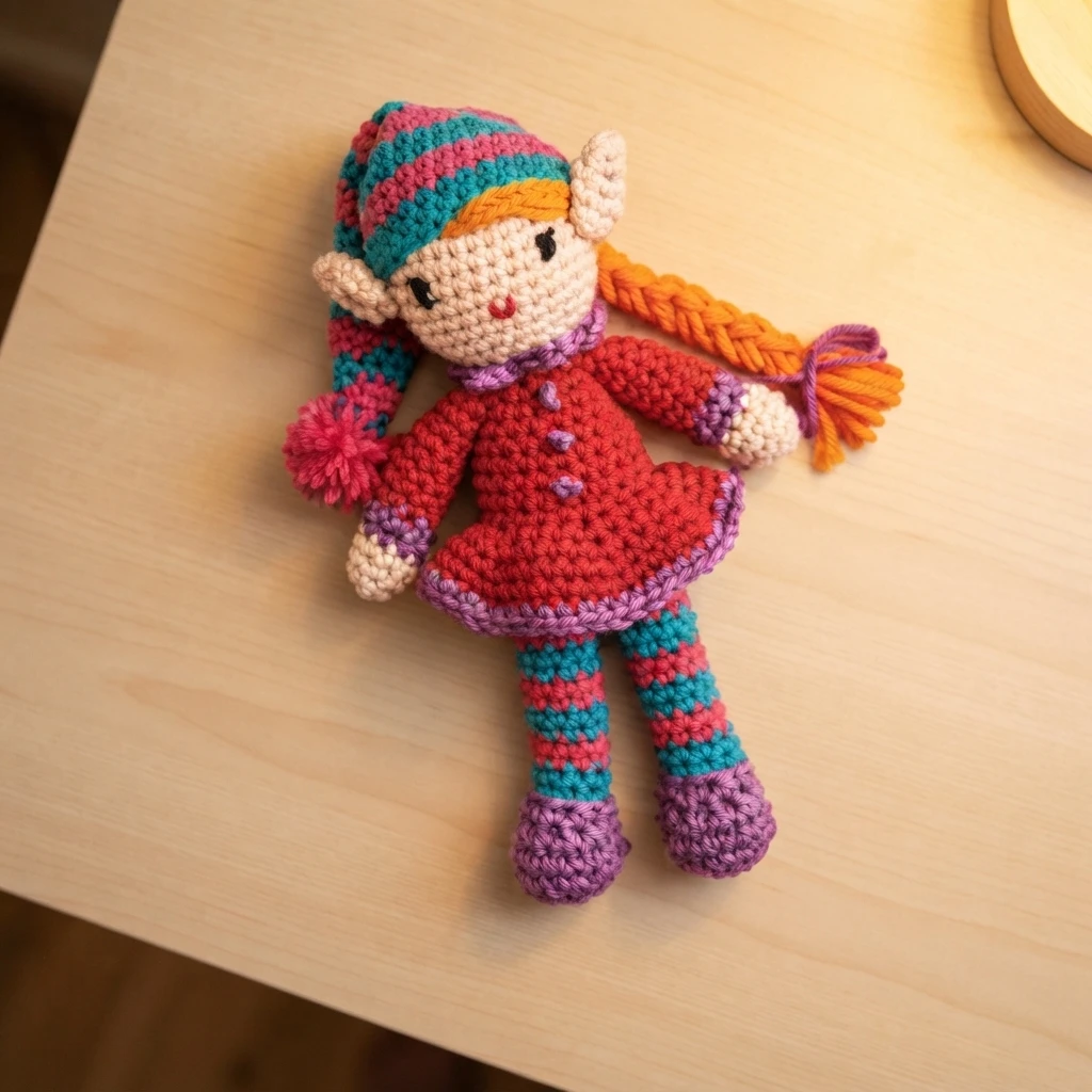 Crocheted elf doll with a striped hat and pink pom pom, orange braided hair, red dress with purple trim, striped turquoise and pink legs and purple shoes, lying on a light wooden surface.