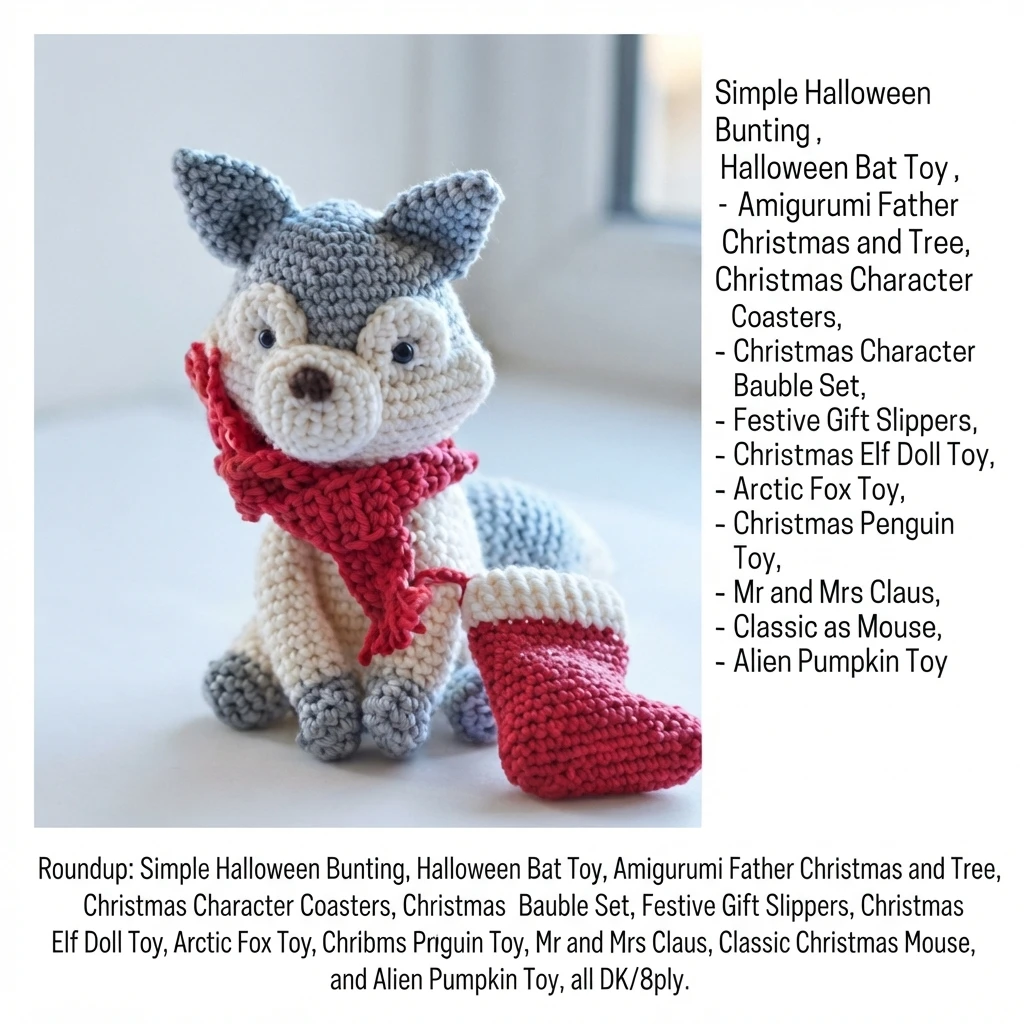 Crocheted arctic fox amigurumi in grey and white with a red scarf, seated beside a red crocheted stocking on a pale surface, with a list of pattern names printed alongside.
