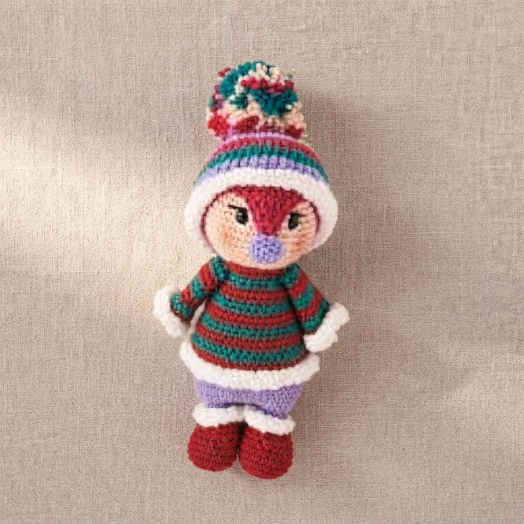 Crocheted penguin toy with a red and teal striped sweater, white trim, purple trousers, red boots and a striped hat topped with a multicoloured pom pom, standing on plain beige fabric.